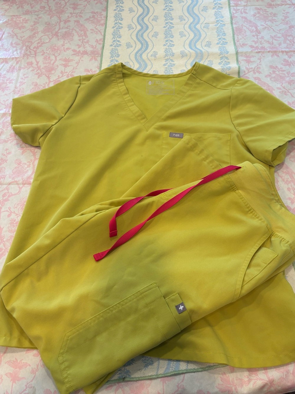 Figs Women's Scrub Set in Chartreuse with Pink Drawstring